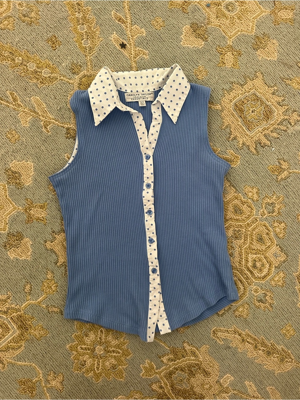 Blue Ribbed Sleeveless Collared Top with Polka Dot Trim